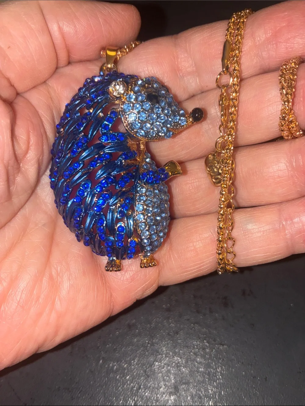 Blue Crystal Hedgehog Pendant Necklace - Gold Tone